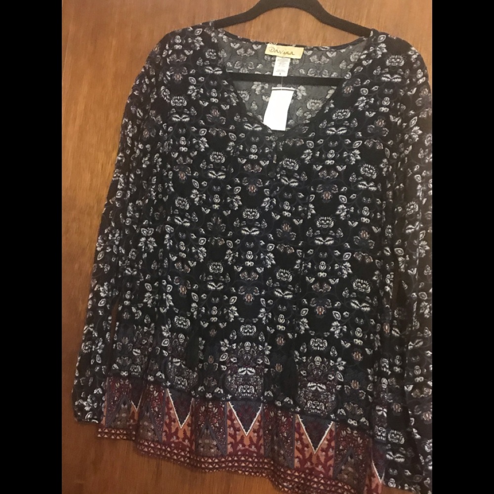 Tunic style top -Navy, Burgundy and Tan - Size S